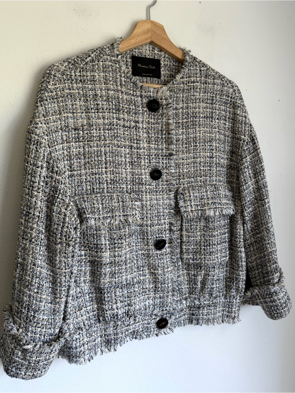 Massimo Dutti Tweed Jacket in Black, Cream and Light Blue - Picture 3 of 7